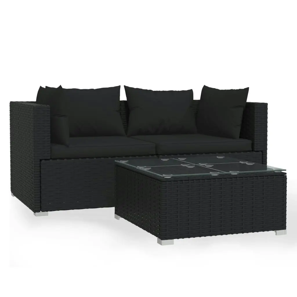 3 Piece Garden Lounge Set with Cushions Black Poly Rattan 317521