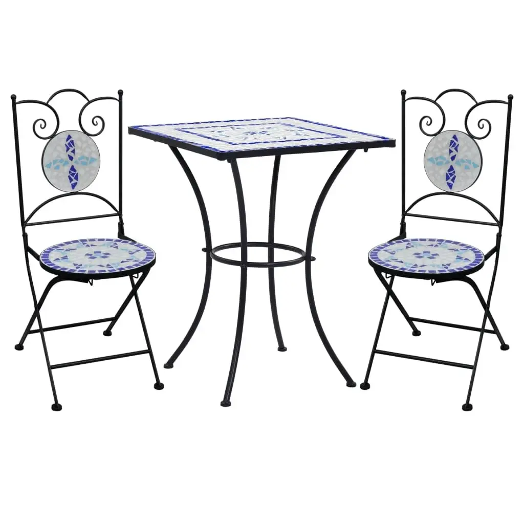 3 Piece Mosaic Bistro Set Ceramic Tile Blue and White 279413