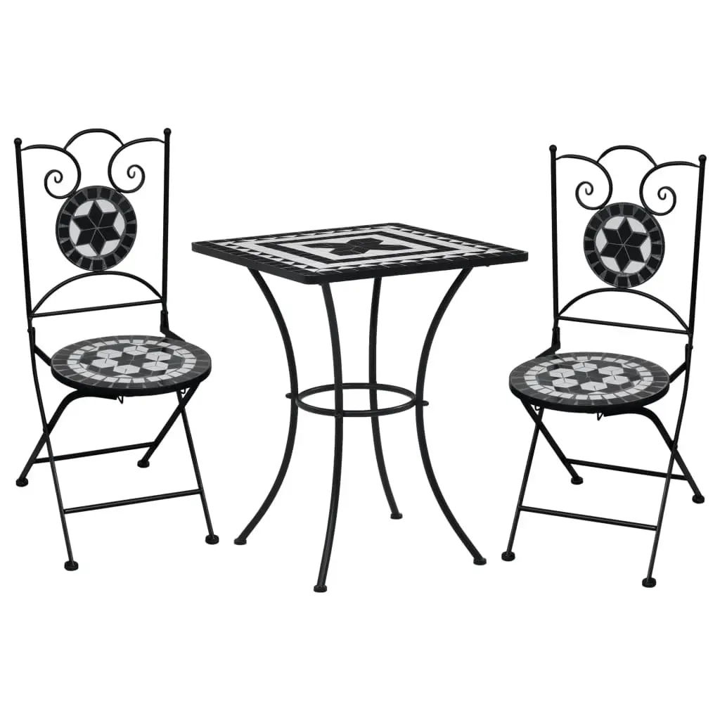 3 Piece Mosaic Bistro Set Ceramic Tile Black and White 279414