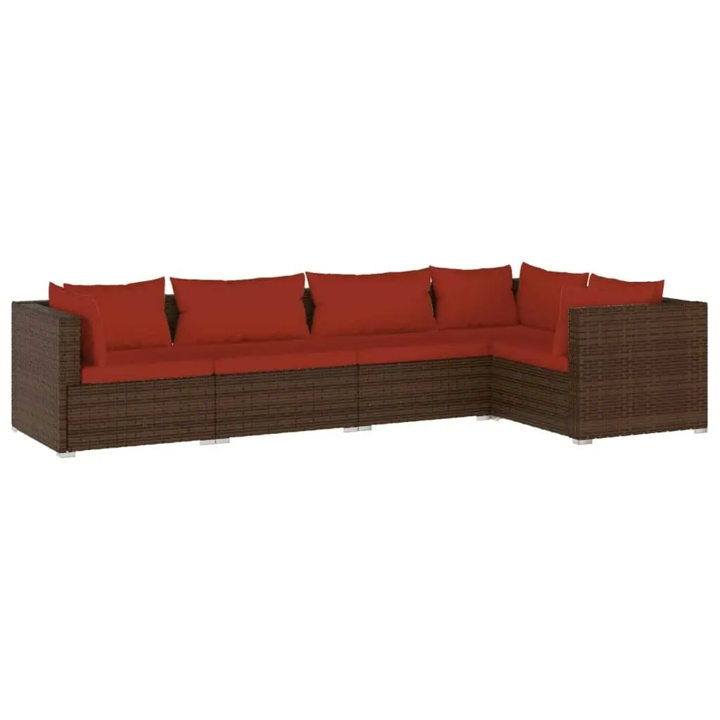 5 Piece Garden Lounge Set with Cushions Poly Rattan Brown 3101691