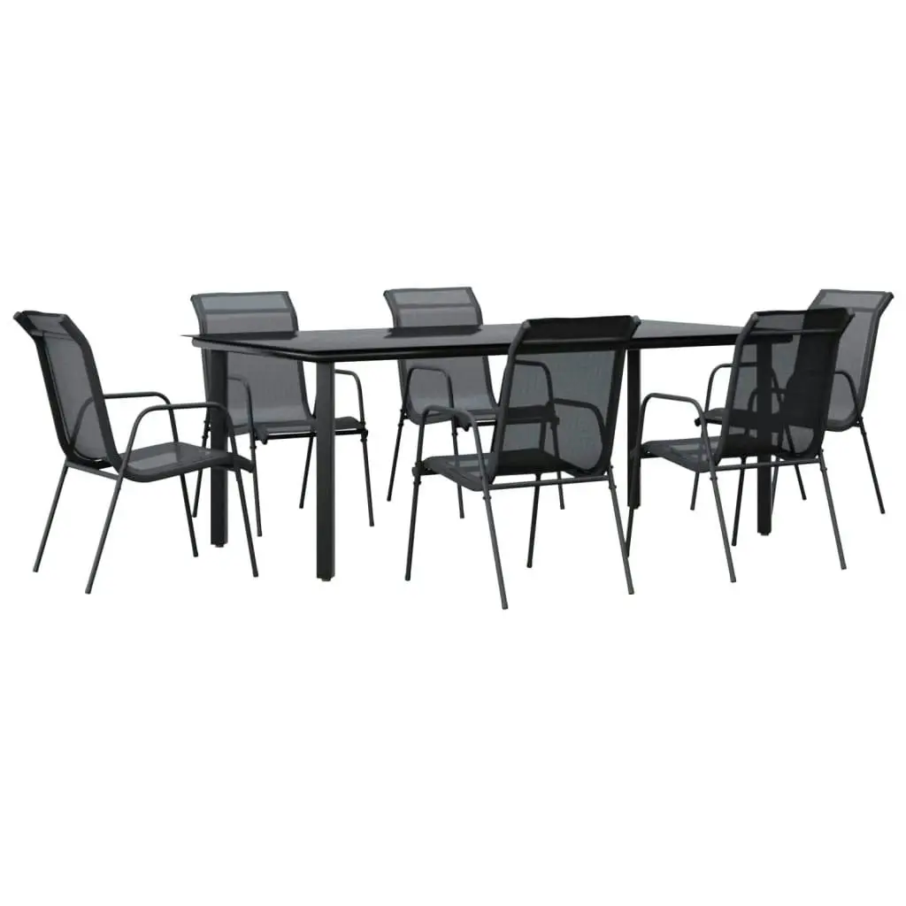 7 Piece Garden Dining Set Black Steel and Textilene 3200696