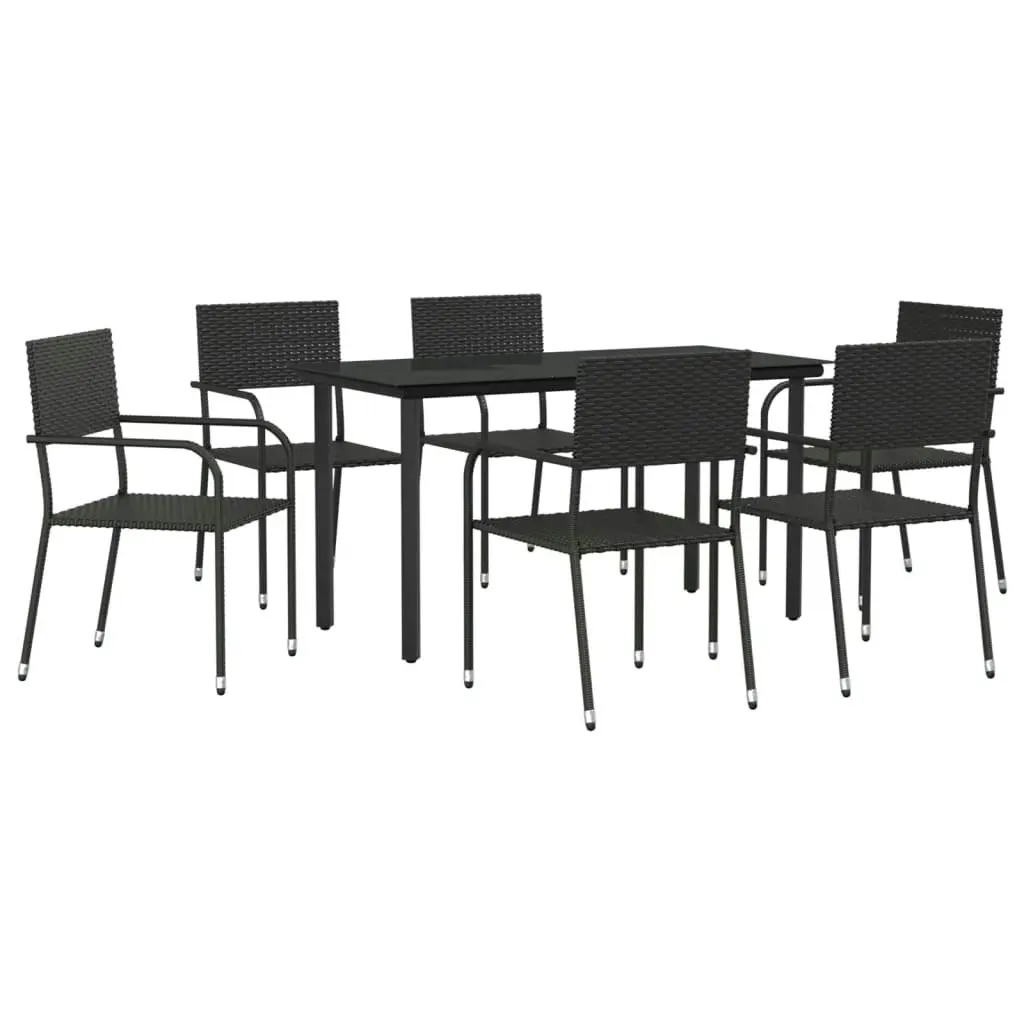 7 Piece Garden Dining Set Black Poly Rattan and Steel 3203283