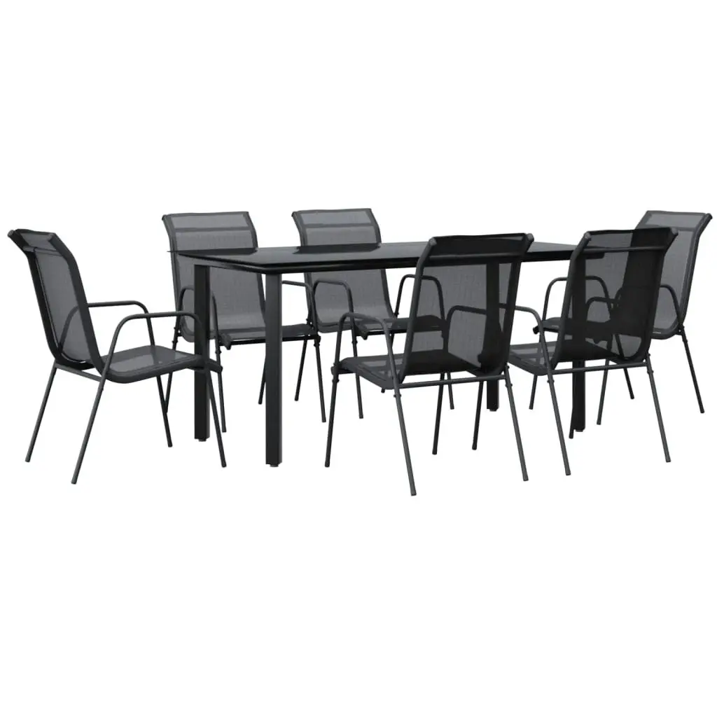 7 Piece Garden Dining Set Black Steel and Textilene 3200695