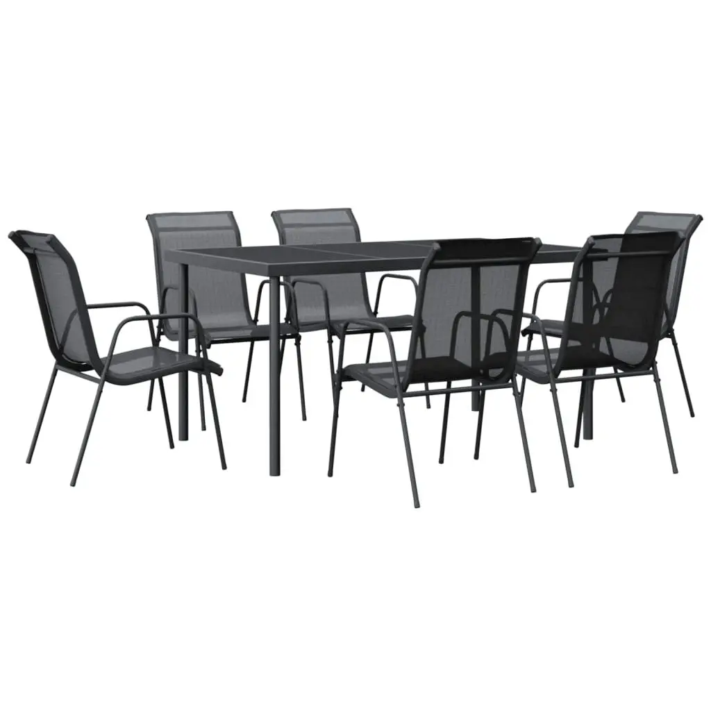 7 Piece Garden Dining Set Black Steel and Textilene 3200679