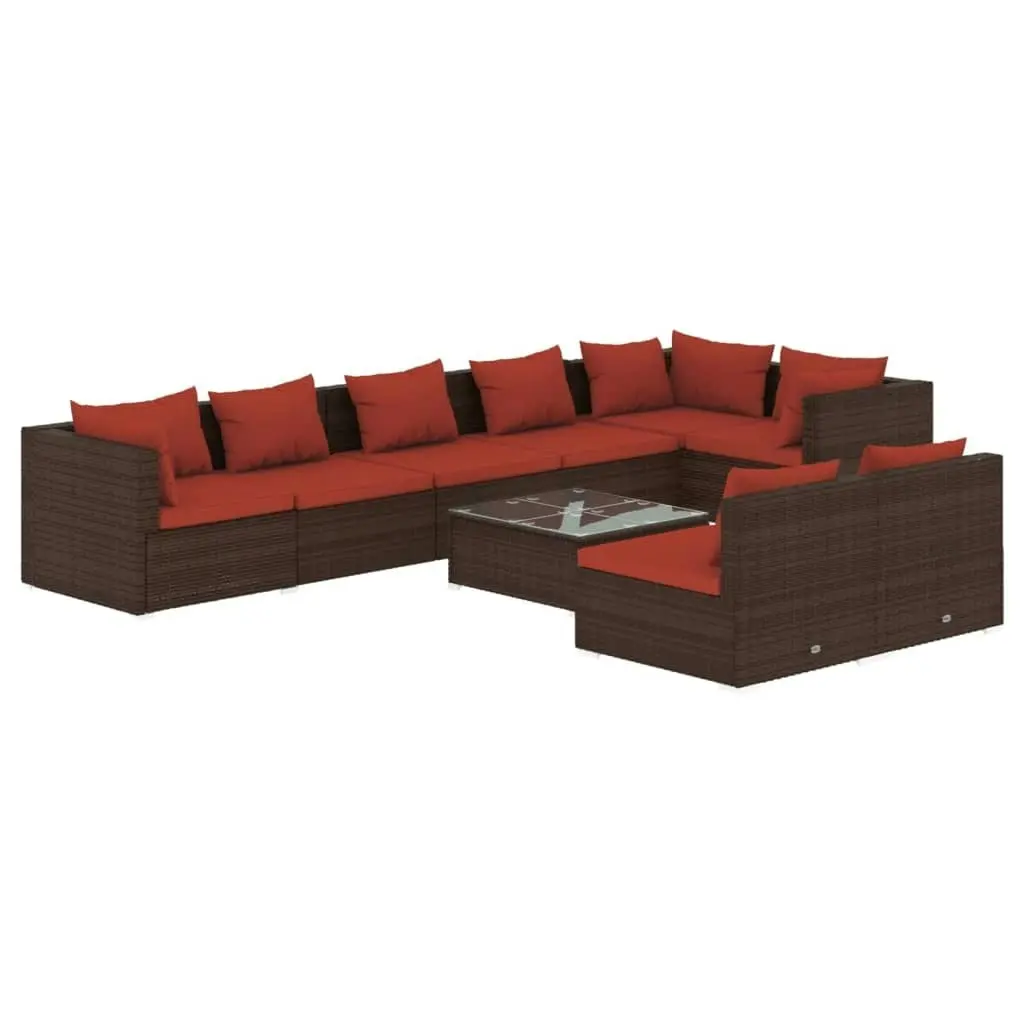 9 Piece Garden Lounge Set with Cushions Brown Poly Rattan 3102411