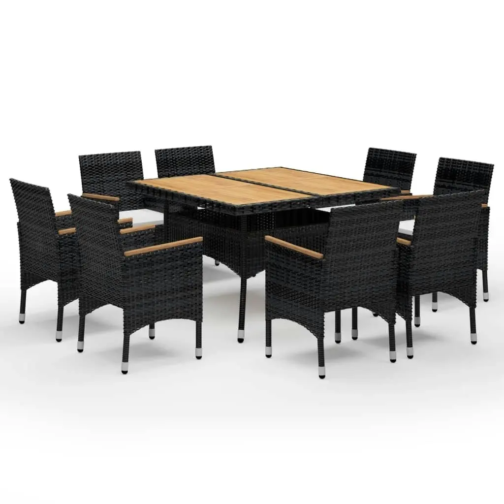 9 Piece Garden Dining Set Poly Rattan and Acacia Wood Black 3058346