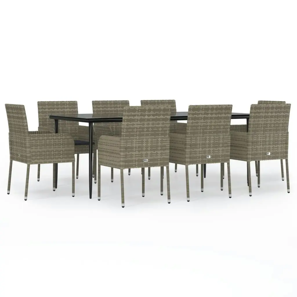 9 Piece Garden Dining Set with Cushions Black and Grey Poly Rattan 3185153