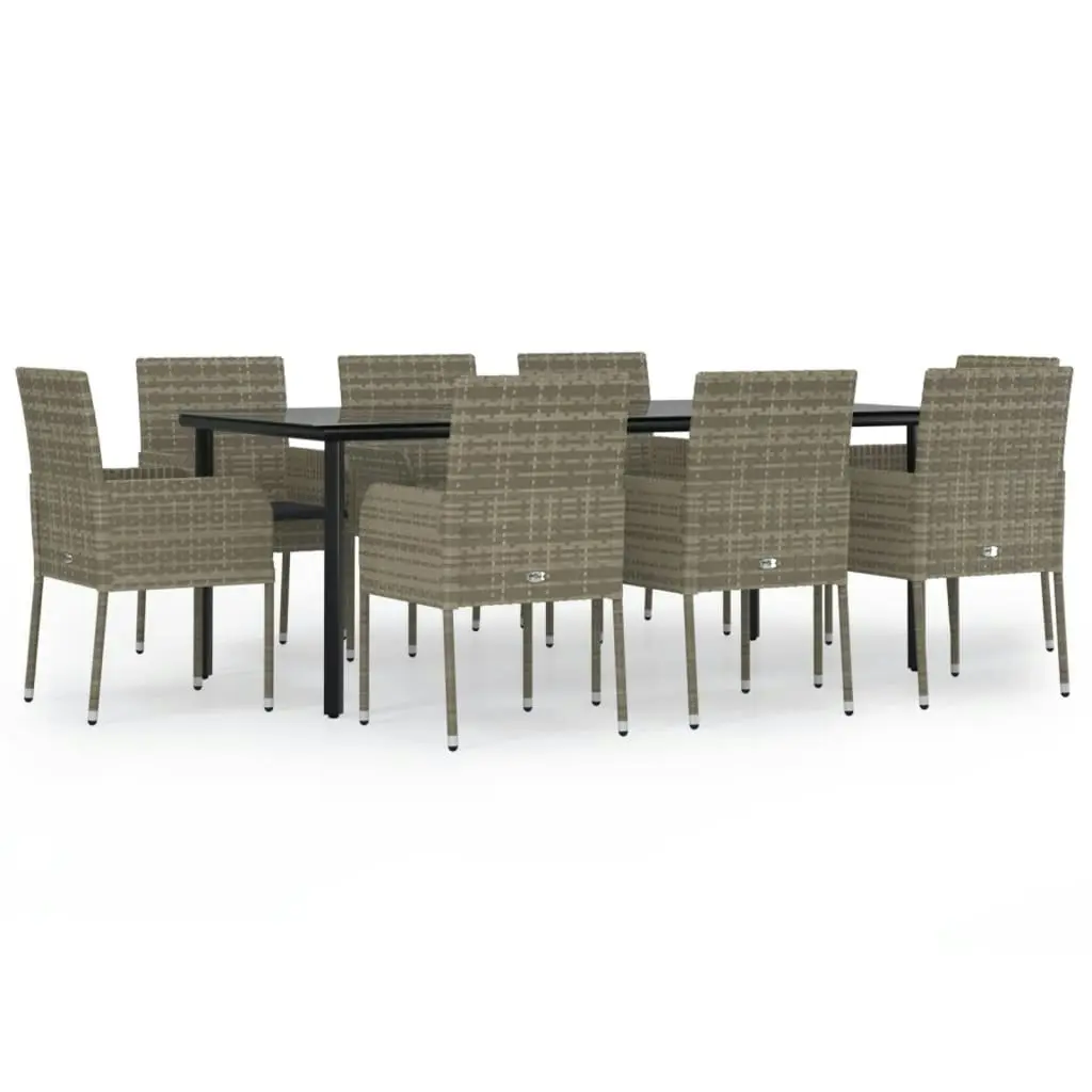 9 Piece Garden Dining Set with Cushions Black and Grey Poly Rattan 3185165