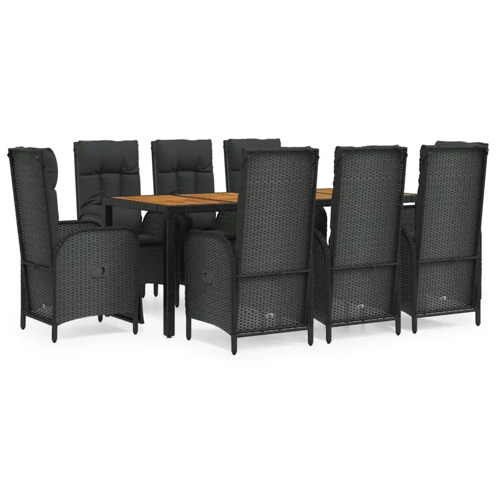 9 Piece Garden Dining Set with Cushions Black Poly Rattan 3185082