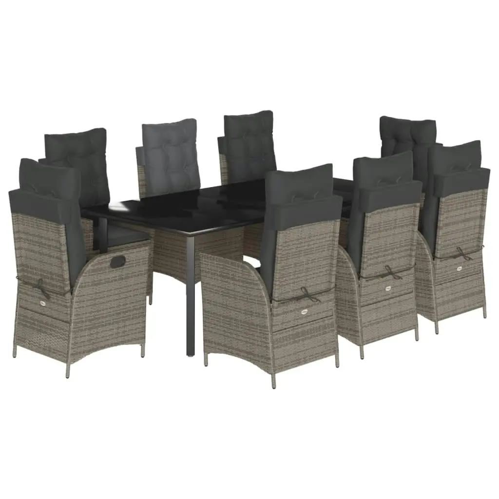 9 Piece Garden Dining Set with Cushions Grey Poly Rattan 3213233