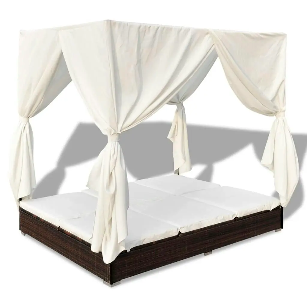 Outdoor Lounge Bed with Curtains Poly Rattan Brown 42947