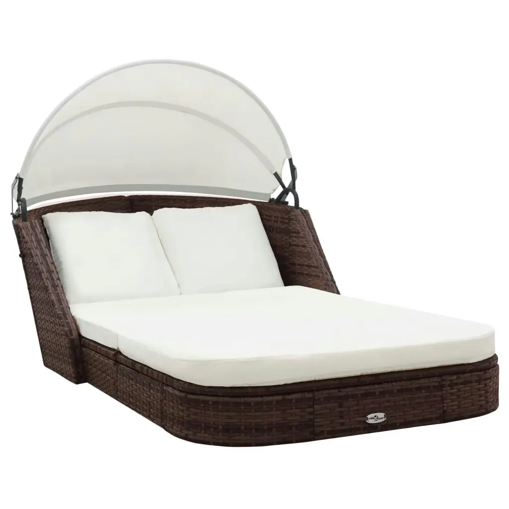 Sun Lounger with Canopy Poly Rattan Brown 41982