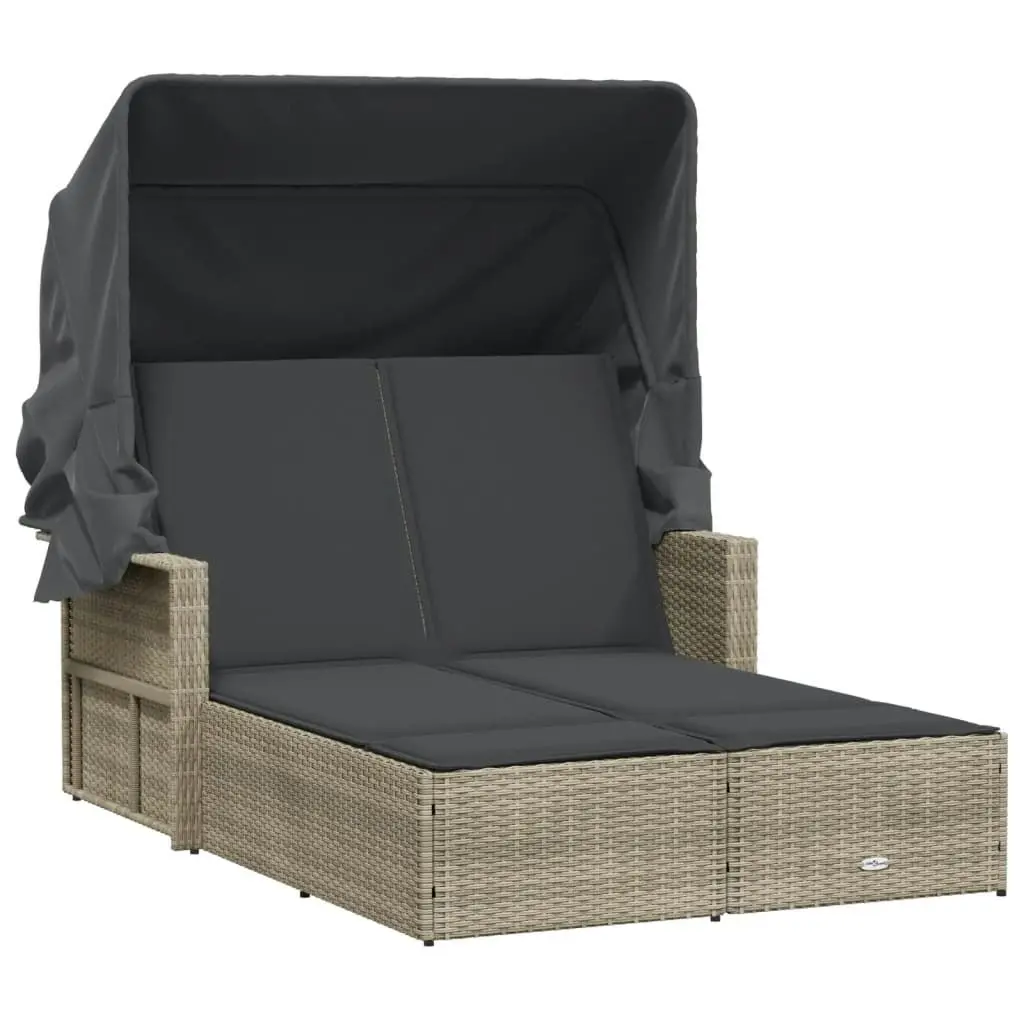 Double Sun Lounger with Canopy and Cushions Light Grey Poly Rattan 365812