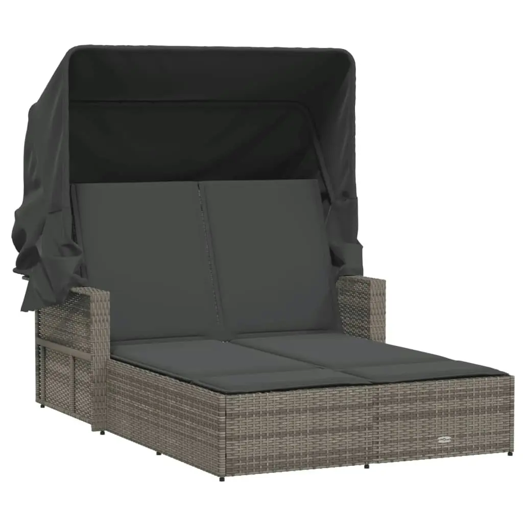 Double Sun Lounger with Canopy and Cushions Grey Poly Rattan 365809