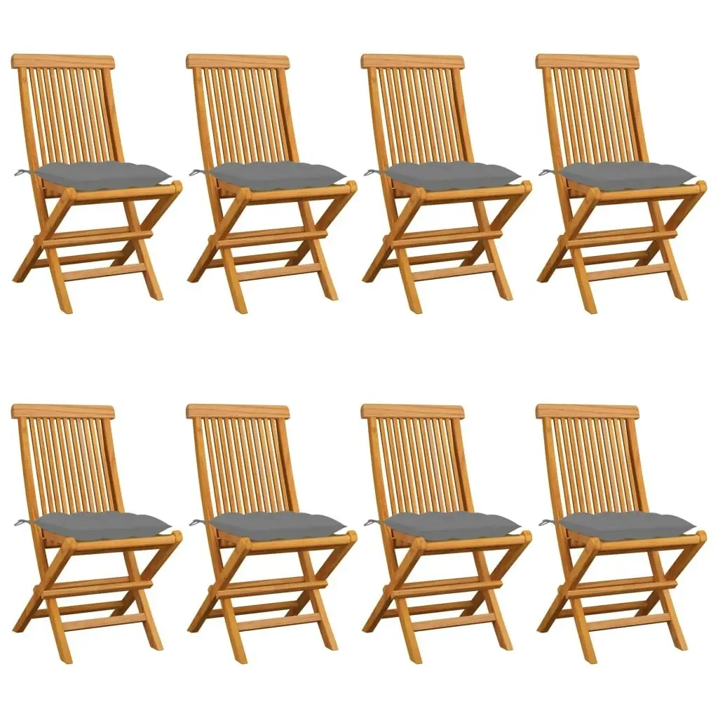 Garden Chairs with Grey Cushions 8 pcs Solid Teak Wood 3072933