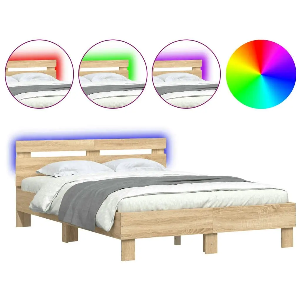 Bed Frame with Headboard and LED Sonoma Oak 135x190 cm 3207569