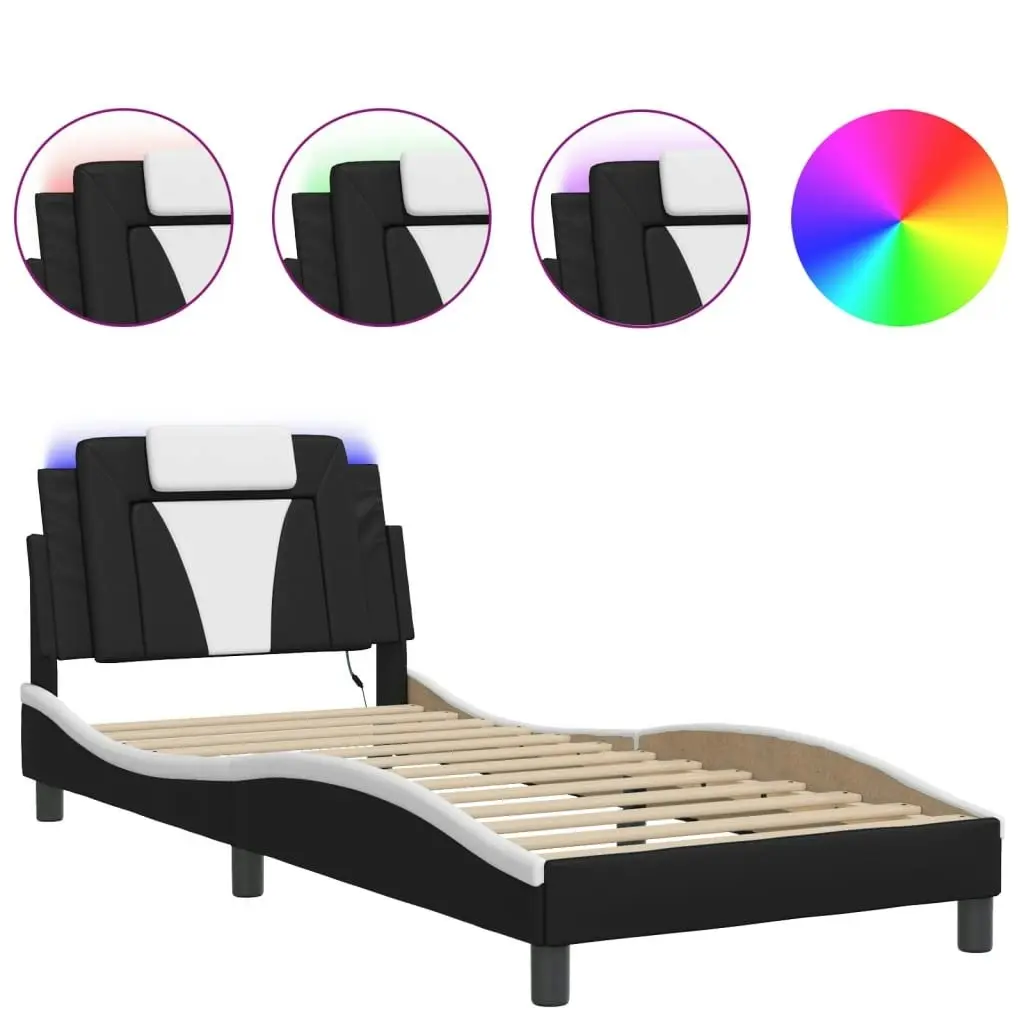 Bed Frame with LED Light Black and White 90x190 cm Faux Leather 3214191