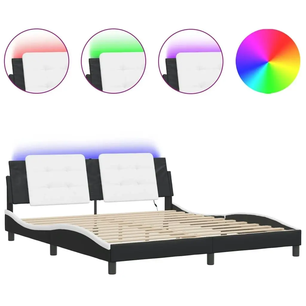 Bed Frame with LED Light Black and White 183x203 cm King Size Faux Leather 3214209