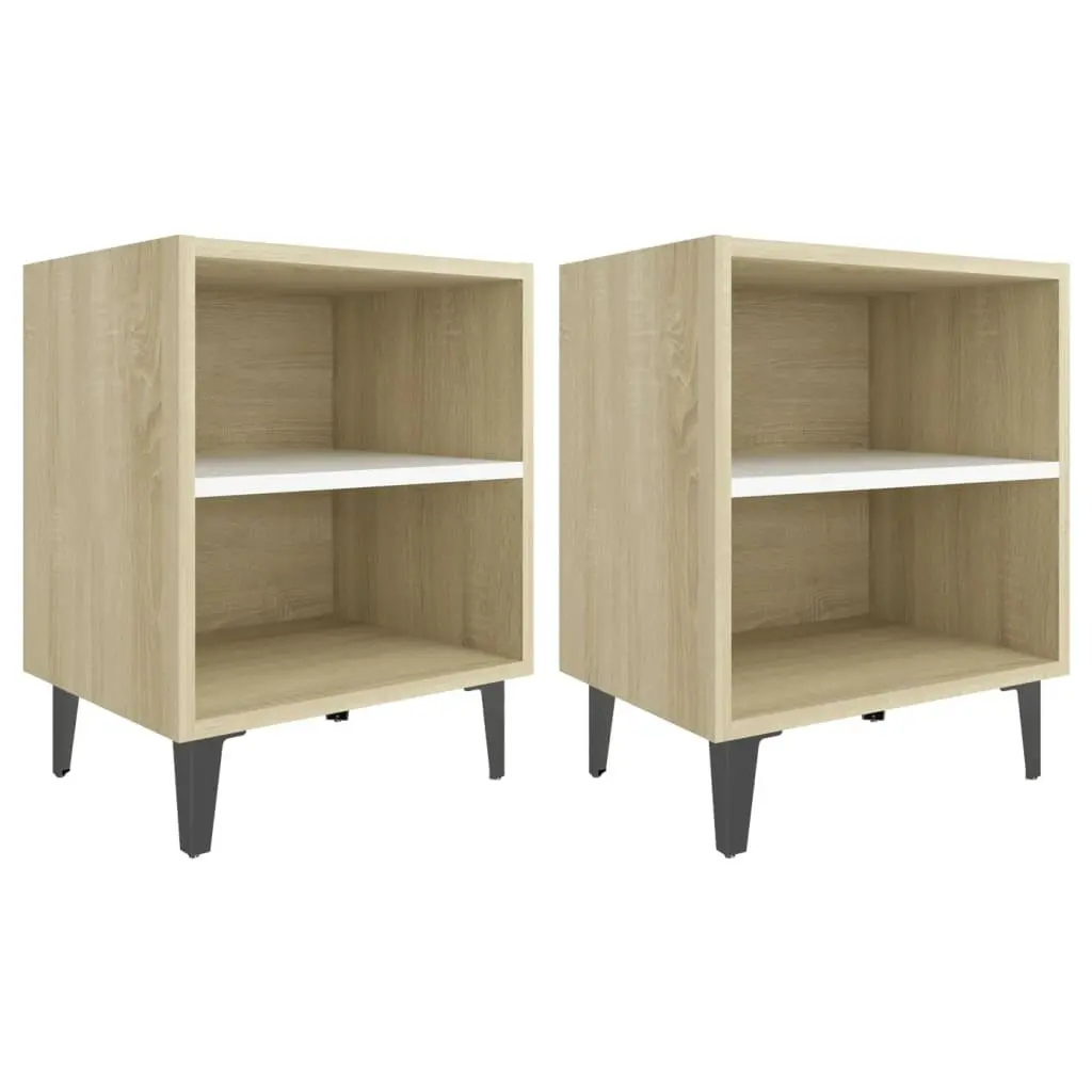 Bed Cabinets Metal Legs 2 pcs Sonoma Oak and White 40x30x50 cm 805808