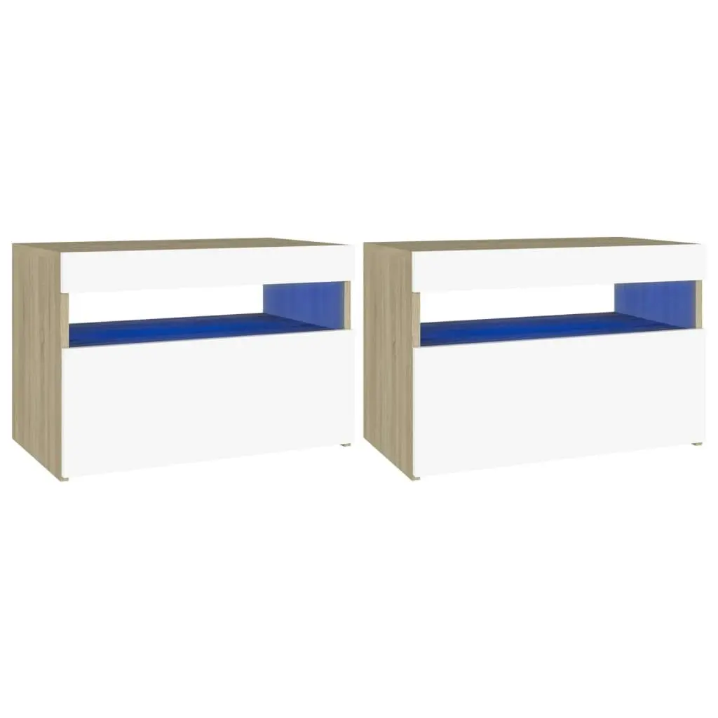 Bedside Cabinet & LED Lights 2 pcs White and Sonoma Oak 60x35x40 cm 3082785