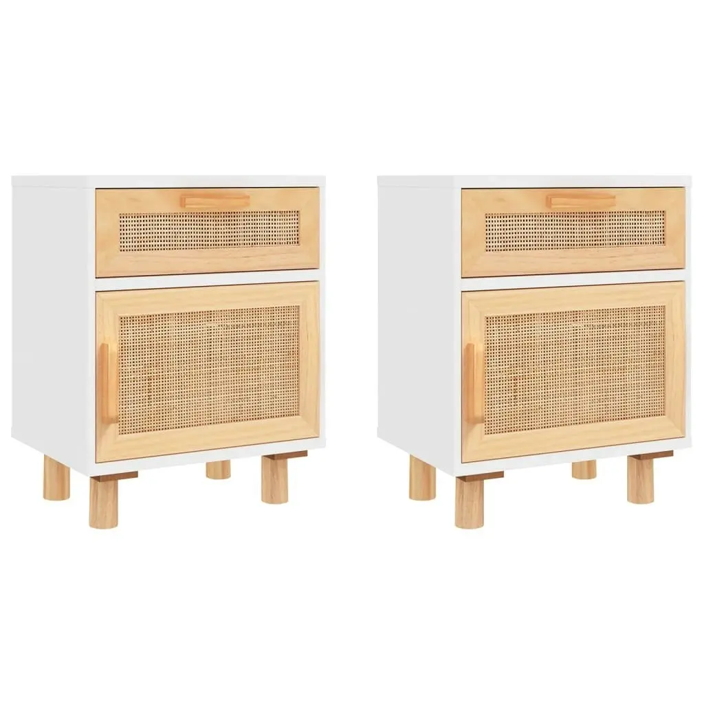 Bedside Cabinets 2 pcs White Solid Wood Pine and Natural Rattan 345607