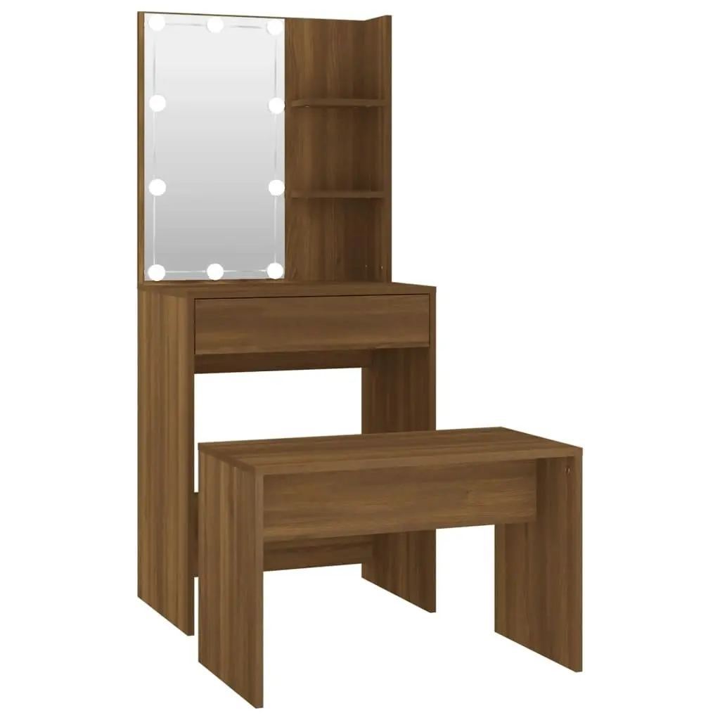 Dressing Table Set with LED Brown Oak Engineered Wood 3114138