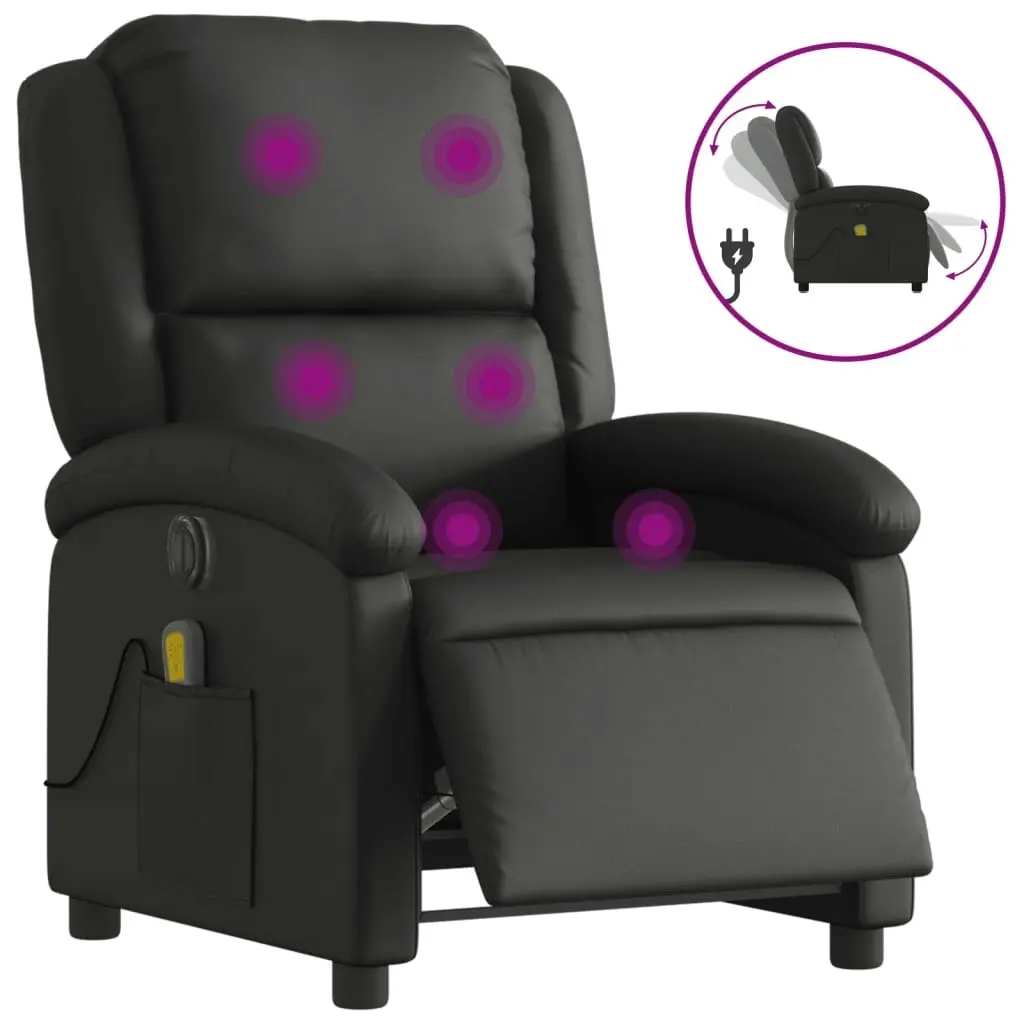 Electric Massage Recliner Chair Black Real Leather 3205477