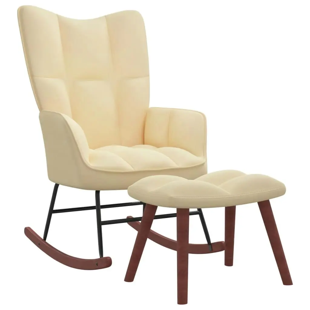 Rocking Chair with a Stool Cream White Velvet 328159