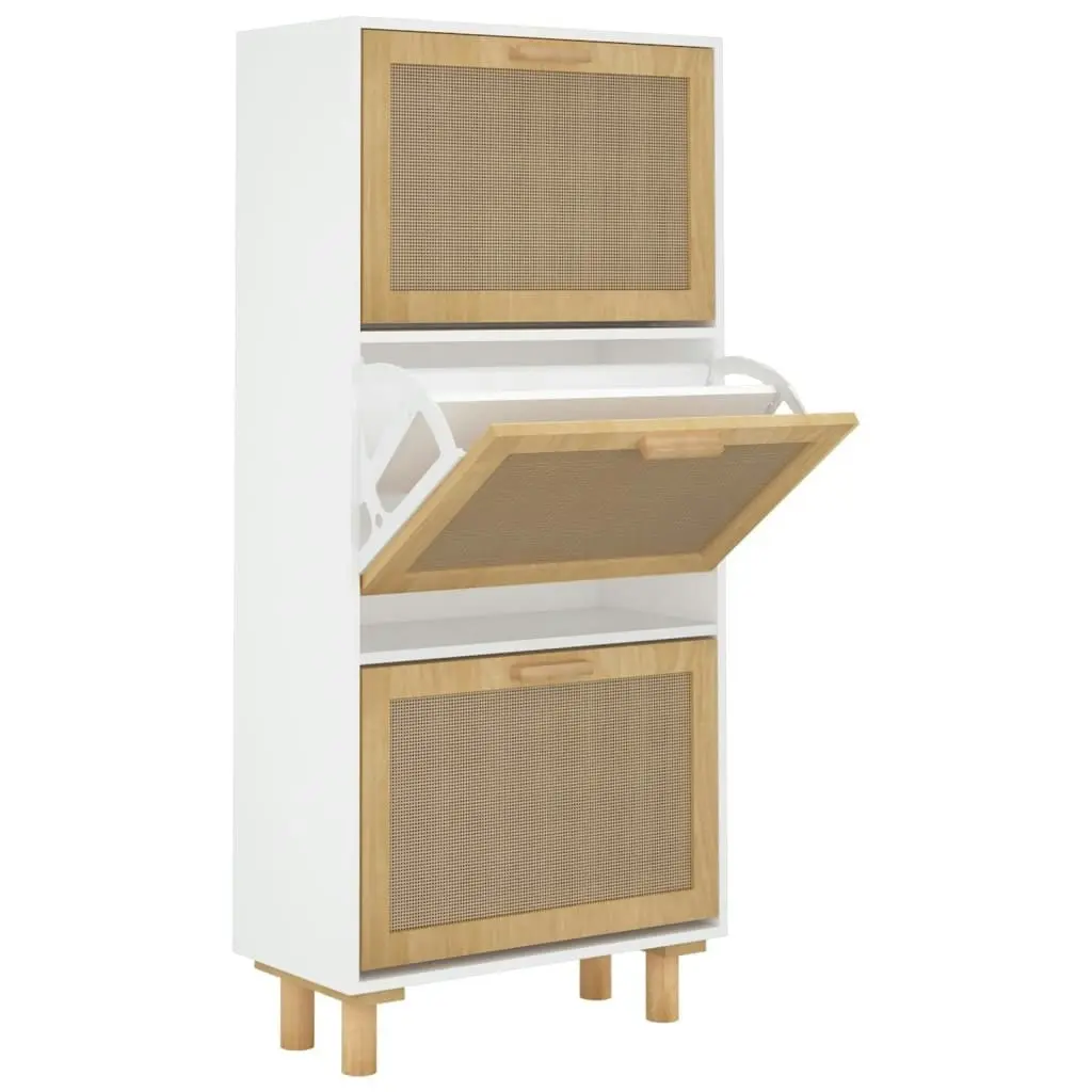 Shoe Cabinet White 52x25x115 cm Engineered Wood and Natural Rattan 345648