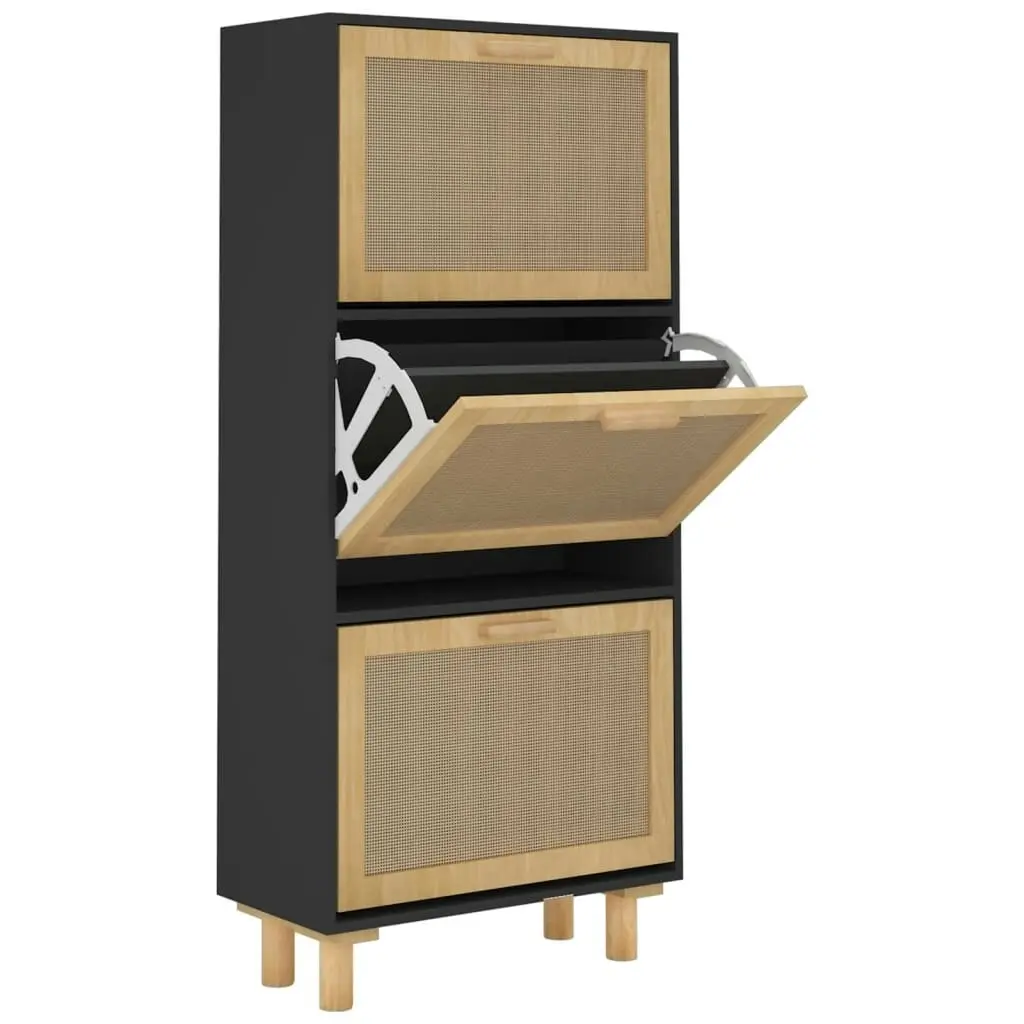 Shoe Cabinet Black 52x25x115 cm Engineered Wood and Natural Rattan 345649