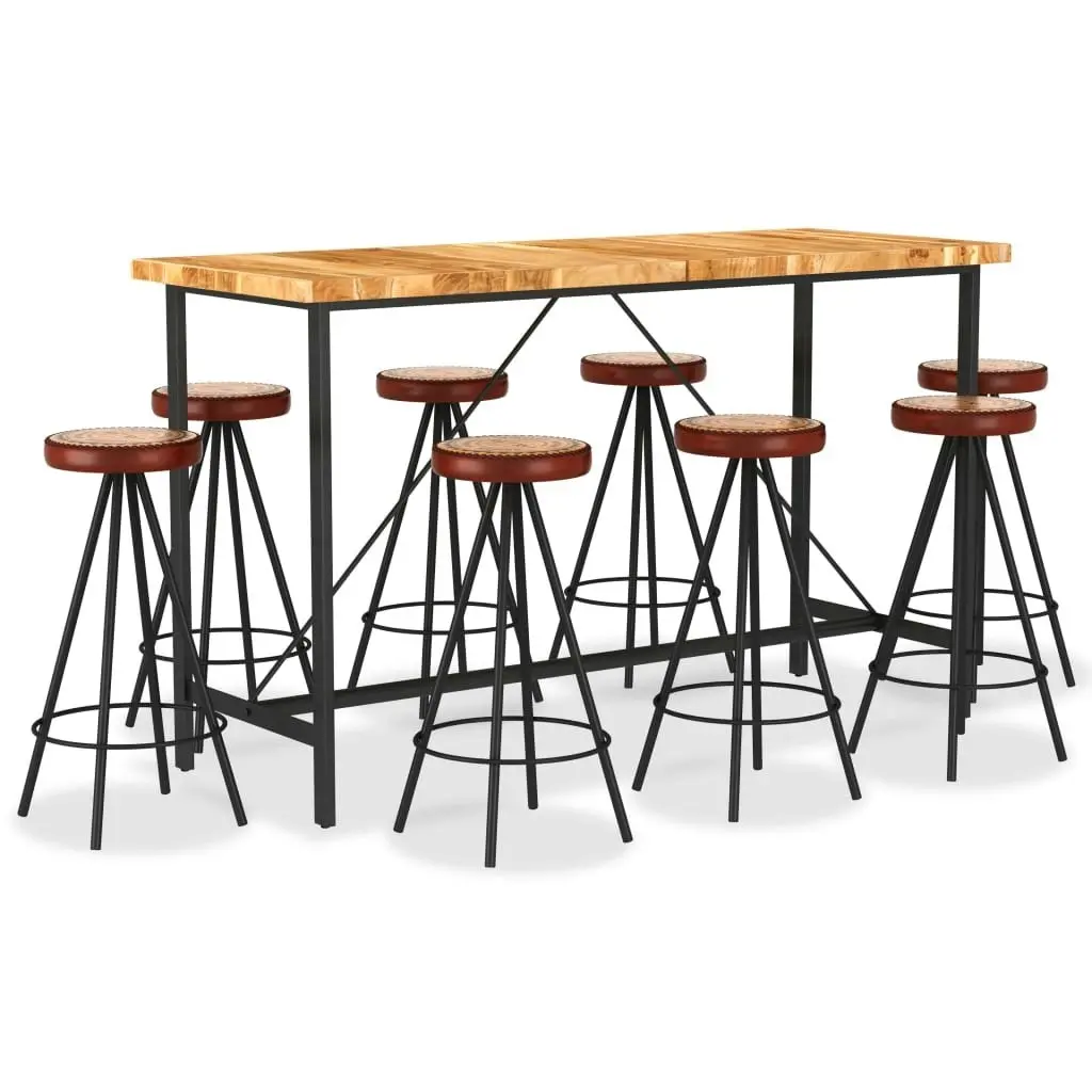 9 Piece Bar Set Solid Acacia Wood. Genuine Leather & Canvas 3053443