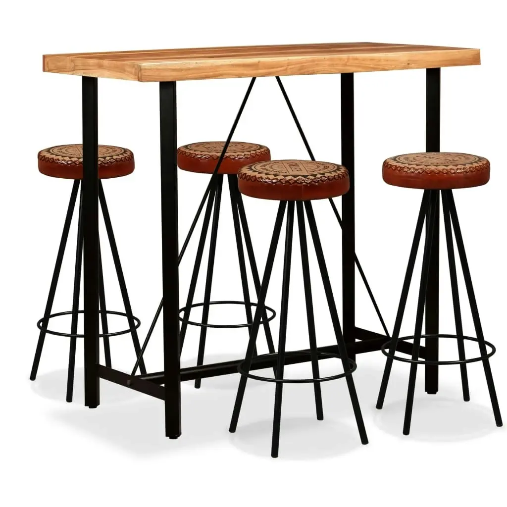 Bar Set 5 Pieces Solid Wood Acacia. Genuine Leather & Canvas 275132