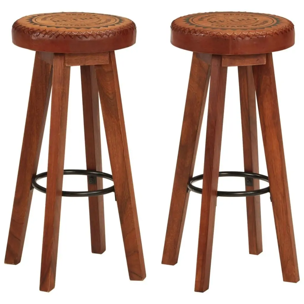 Bar Stools 2 pcs Real Leather and Solid Wood Acacia 348164