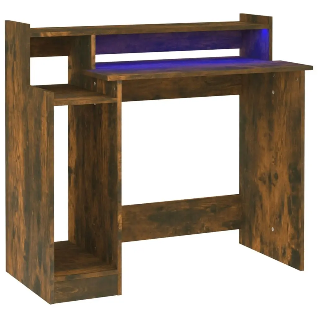 Desk with LED Lights Smoked Oak 97x45x90 cm Engineered Wood 820475