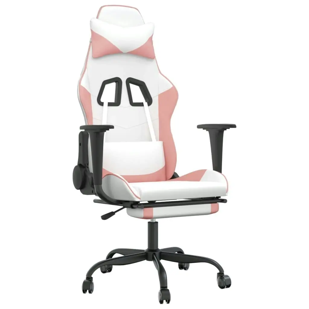 Massage Gaming Chair with Footrest White&Pink Faux Leather 345420