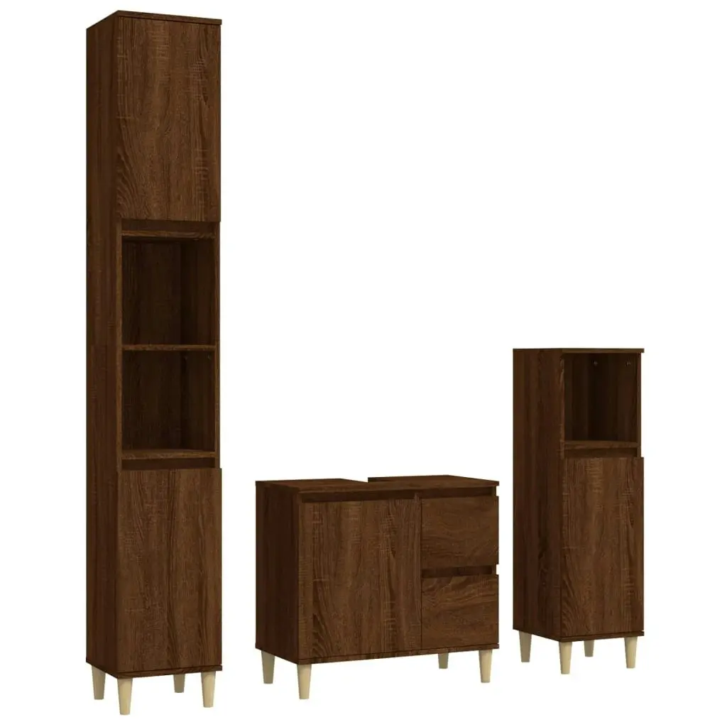 3 Piece Bathroom Cabinet Set Brown Oak Engineered Wood 3185542