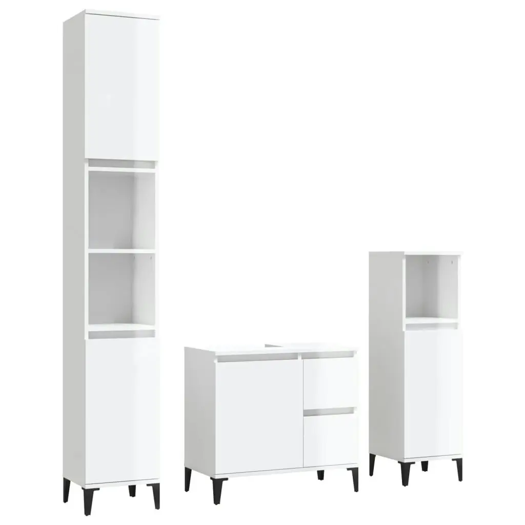 3 Piece Bathroom Cabinet Set High Gloss White Engineered Wood 3185545