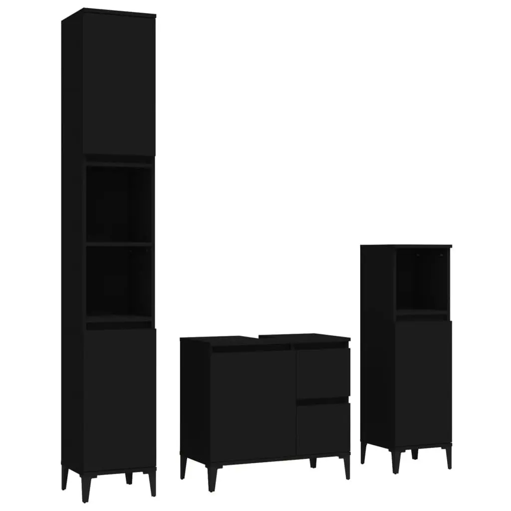 3 Piece Bathroom Cabinet Set Black Engineered Wood 3185544