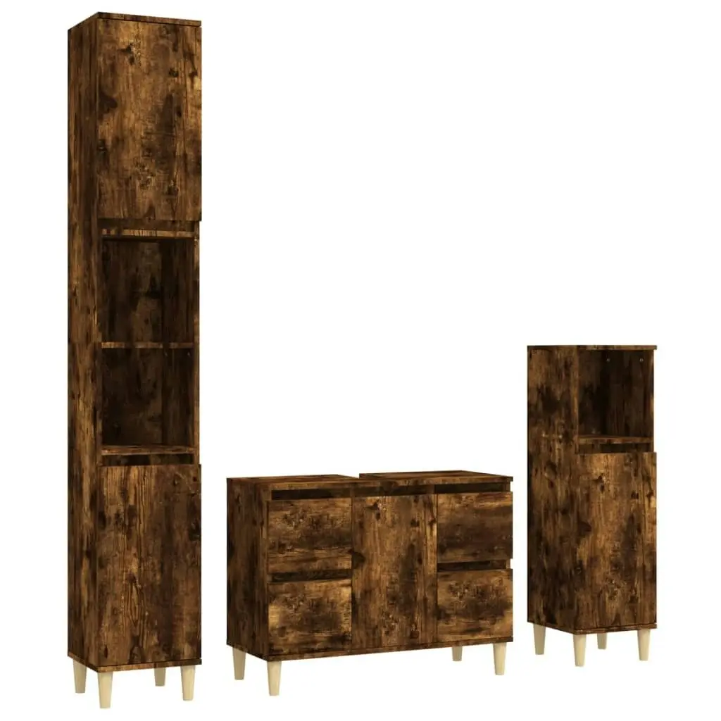 3 Piece Bathroom Furniture Set Smoked Oak Engineered Wood 3185602