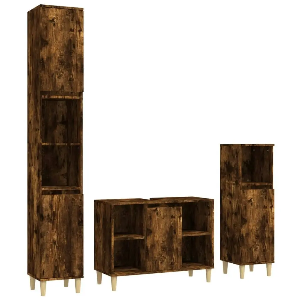 3 Piece Bathroom Furniture Set Smoked Oak Engineered Wood 3185618