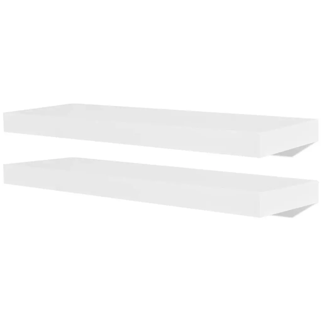 2 White MDF Floating Wall Display Shelves Book/DVD Storage 242183