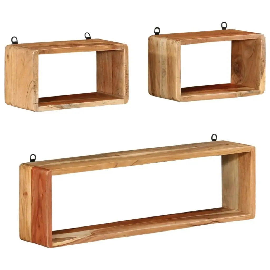 3 Piece Wall Cube Shelf Set Soild Acacia Wood 328262