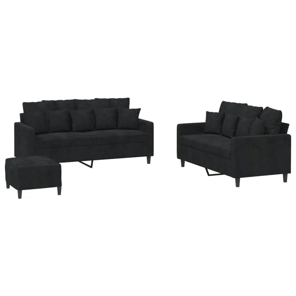 3 Piece Sofa Set with Cushions Black Velvet 3201715