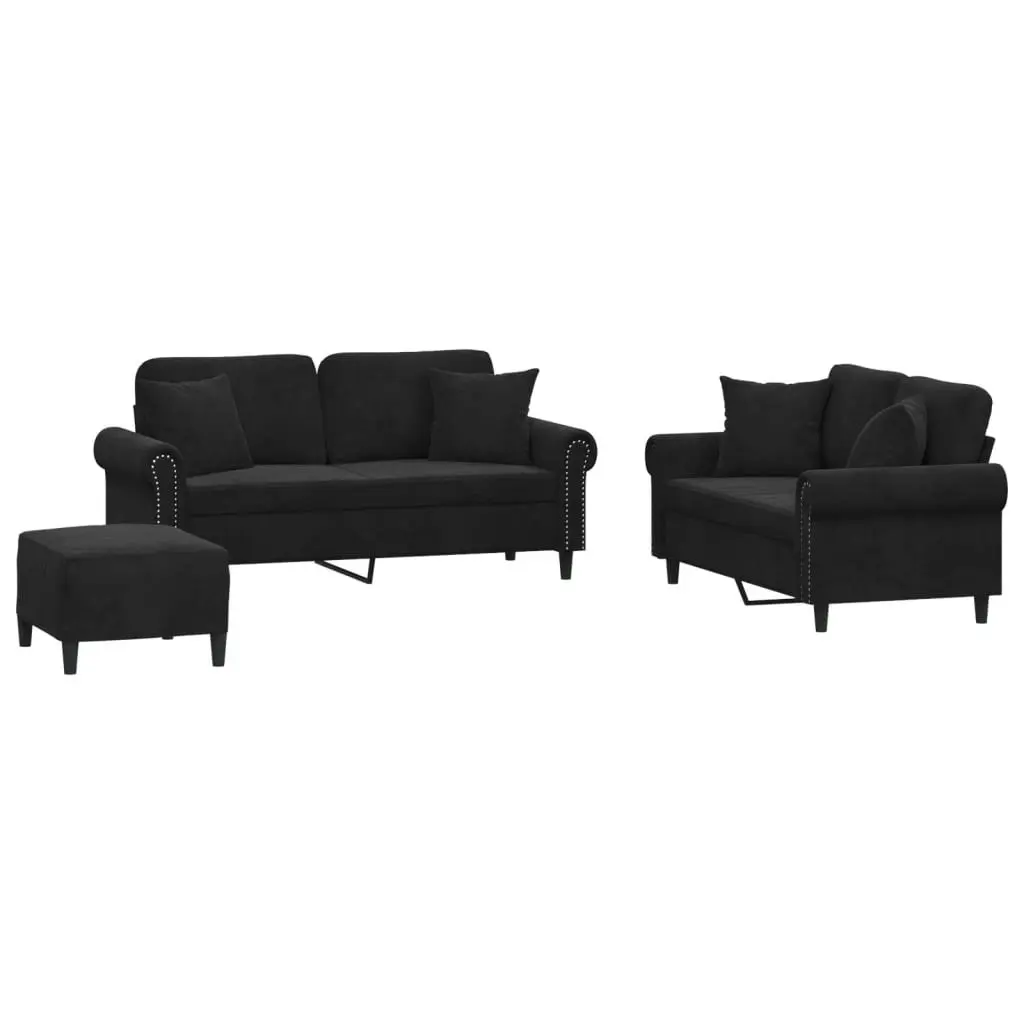 3 Piece Sofa Set with Pillows Black Velvet 3202245