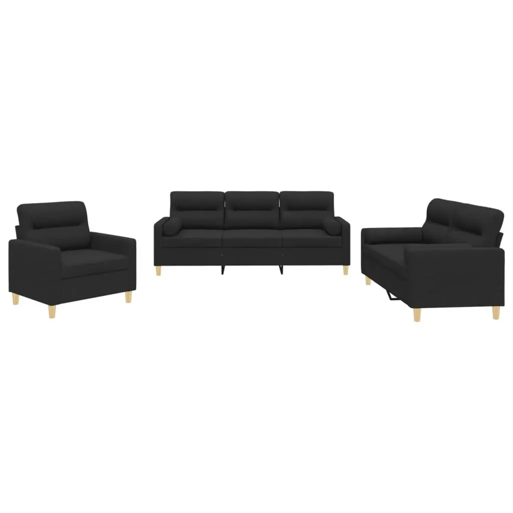 3 Piece Sofa Set with Pillows Black Fabric 3201556