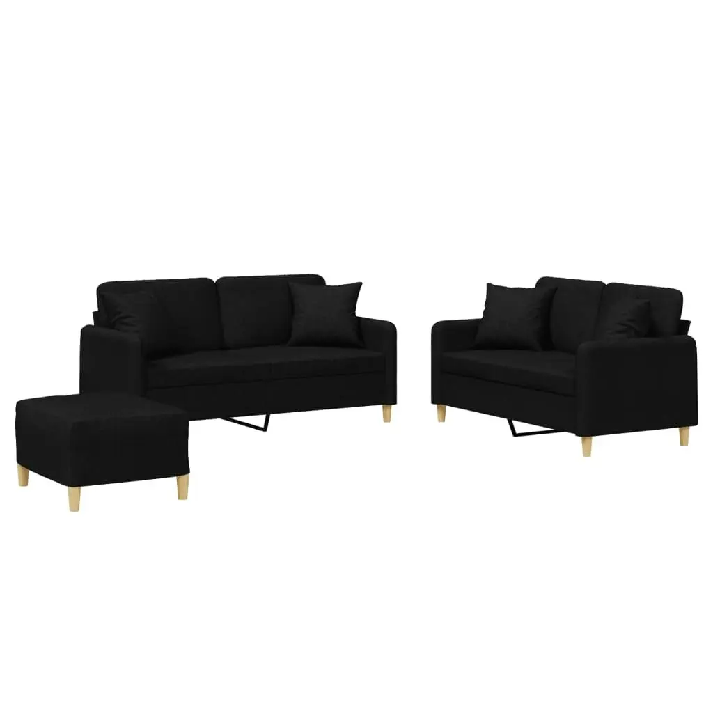 3 Piece Sofa Set with Pillows Black Fabric 3202114