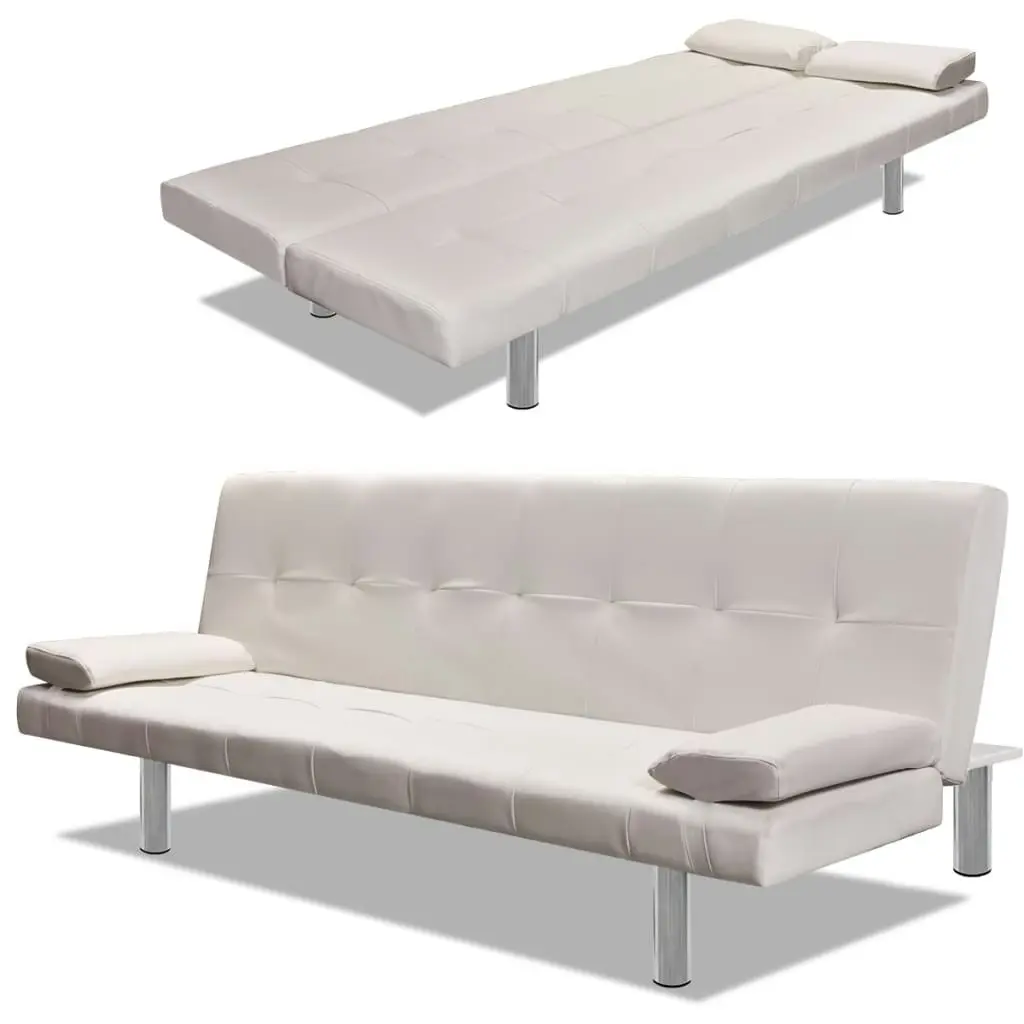 Sofa Bed with Two Pillows Artificial Leather Adjustable Cream White 241723