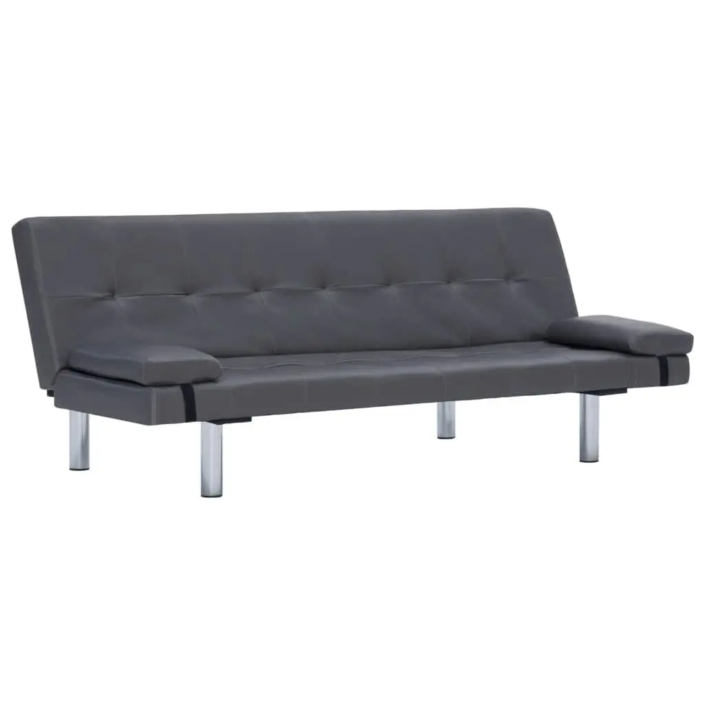 Sofa Bed with Two Pillows Grey Faux Leather 282181