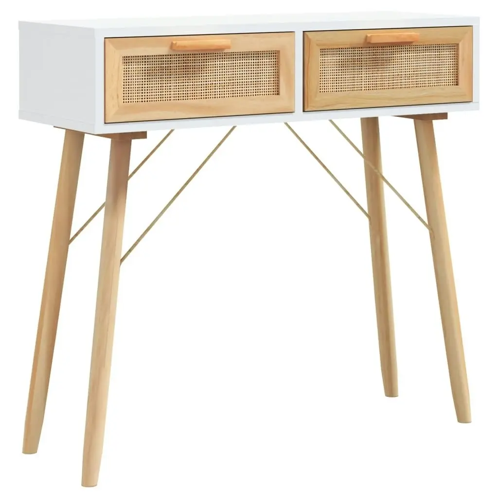 Console Table White 80x30x75 cm Solid Wood Pine&Natural Rattan 345624