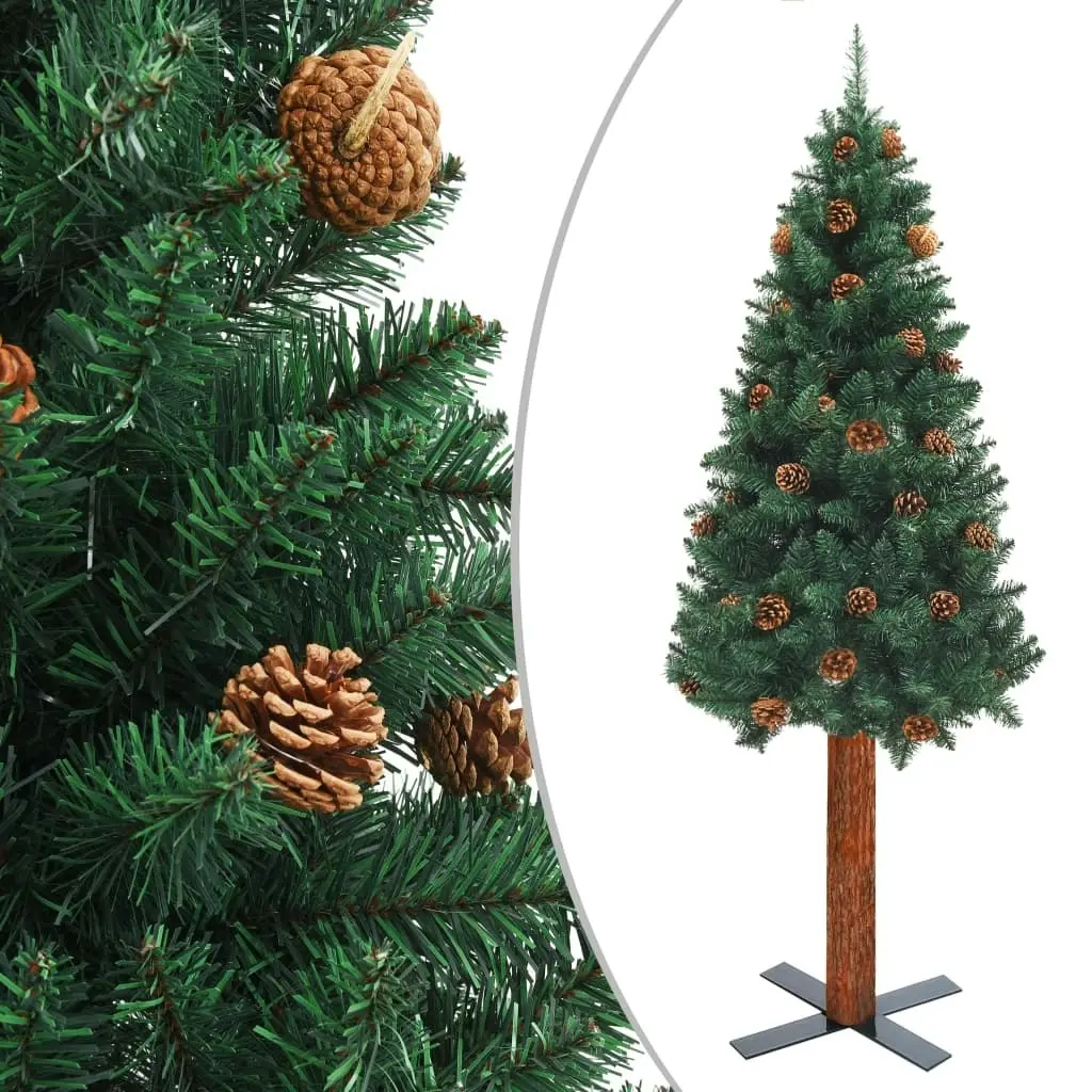 Slim Christmas Tree with Real Wood and Cones Green 180 cm PVC 320958